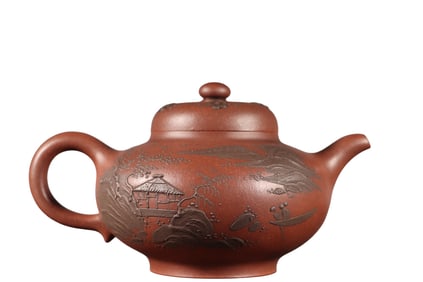 Chinese Yixing Zisha Clay Mountain River Scene Design Teapot w Artist Signed