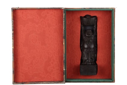 Vintage Chenxiang Wood Carved Laughing Buddha Statue w Box