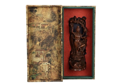 Vintage Chinese Boxwood Wood Carved Kwan-yin Statue w Box