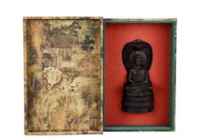 Vintage Chenxiang Wood Carved Kwan-yin & Snake Statue w Box