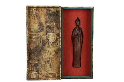 Vintage Chinese Boxwood Wood Carved Buddha Statue w Box