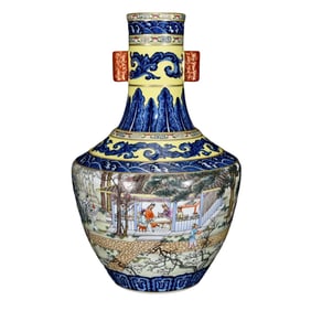 Chinese Qing Dynasty Gilt Edge Blue And White + Famille Rose Sages Meeting Design Porcelain Vase