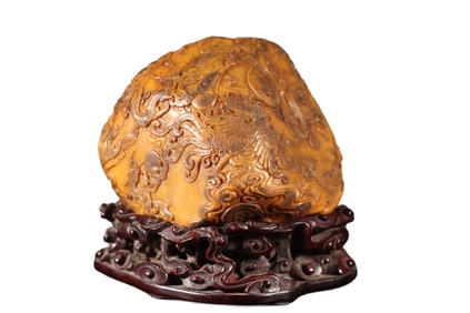 Superb Vintage Chinese Tianhuang Stone Carved Dragon Phoenix Statue