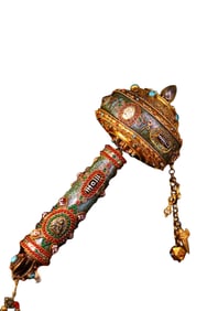 Tibetan Buddhism Gilt Gold Copper Inlay DZI Agate & Turquoise & Gems Prayer Wheel
