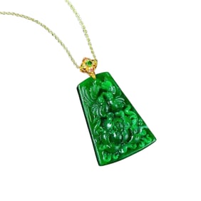 Exquisite Green Jadeite Carved Peony & Bird Pendant w Necklace