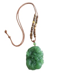 Chinese Green Hetian Jade Carved Fortune Dragon Pendant w Hand Woven Chenxiang Wood Beads Necklace