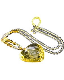 Beautiful Yellow Crystal Carved Laughing Buddha Pendant w Hand Woven Beads Necklace