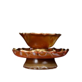 Chinese Inlaying Gold Edge Agate Bowl w Saucer