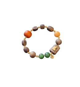 Hand Woven Chenxiang Wood & Green Hetian Jade & Beeswax Beads Bracelet