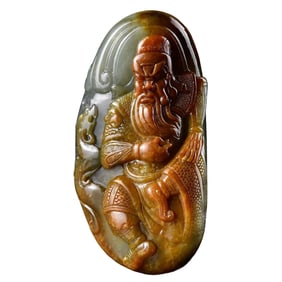 Chinese Hetian Jade Carved General Guangong Pendant w Certificate