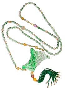Exquisite Jadeite Carved Plum Flower & Magpie Pendant w Jadeite Beads Necklace