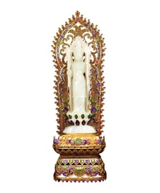 Exquisite Chinese Hetian Jade Carved Buddha Statue w Gold Wire Enamel Base