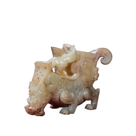 Superb Old Chinese Hetian Jade Carved Fortune Beast Wine Cup