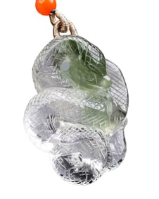 Beautiful Natural Green Crystal Carved Snake Pendant w Hand Woven Necklace