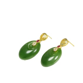 A Pair Chinese Green Hetian Jade Earrings
