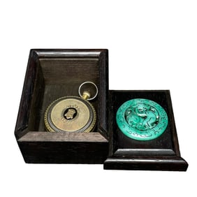 Vintage Bronze Mechanical Pocket Watch w Huali Wood Inlay Gem Box