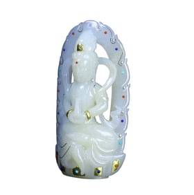 Chinese Hetian Jade Inlay Gold Silver Wires Carved Kwan-yin Pendant