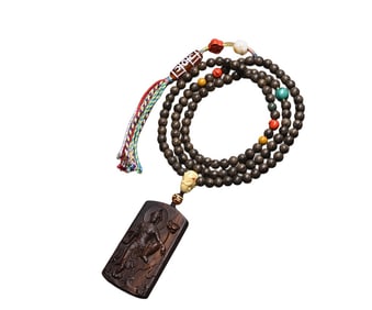 Vintage Chinese Chenxiang Wood Carved Kwan-yin Pendant w Hand Woven Beads Necklace