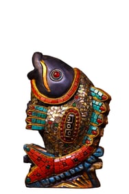 Vintage Meteorite Inlay DZI Agate & Turquoise & Shell Fish Statue
