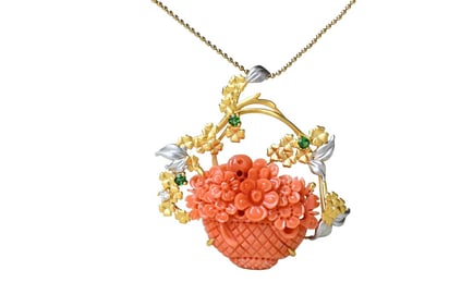 Exquisite 18K Gold Inlay Pink Coral Flower Basket Pendant