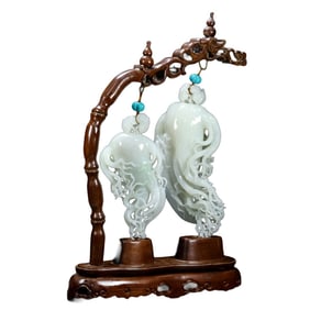 A Pair Superb Chinese Hetian Jade Carved Ginseng Statue w Wood Shelf