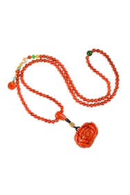 Chinese Nanhong Agate Carved Peony Pendant w Hand Woven Beads Necklace