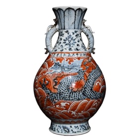 Chinese Iron Red Glaze + Blue And White Porcelain Vase