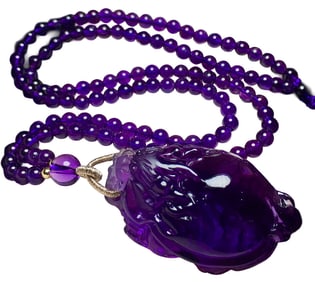 Beautiful Amethyst Carved Dragon Turtle Pendant w Beads Necklace
