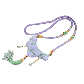Exquisite Jadeite Carved Phoenix & Peony Pendant w Beads Necklace