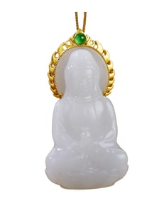 Exquisite Chinese 18K Gold Inlay White Hetian Jade Carved Kwan-yin Pendant
