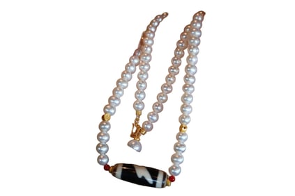 Old Tibetan Five Eye DZI Agate Lucky Pendant w Pearl Beads Necklace