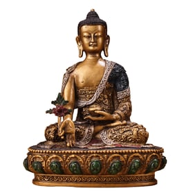 Tibetan Buddhism Colored Drawing Gilt Gold Copper Medicine Buddha Statue