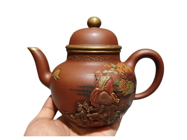 Chinese Colored Drawing Gilt Gold Yixing Zisha Clay Sage Design Teapot w Artist Signed