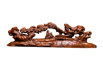 Chinese Boxwood Wood Carved Pine Tree & Figure Statue