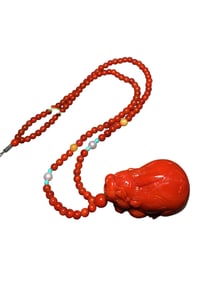 Chinese Nanhong Agate Carved Fortune Pixiu Pendant w Hand Woven Beads Necklace