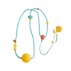 Beautiful Beeswax Carved Lucky Pendant w Turquoise Beads Necklace