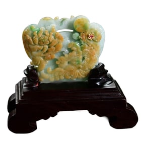 Exquisite Jadeite Carved Phoenix & Peony Pendant/ Statue