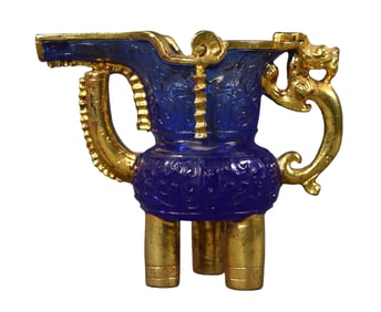 Vintage Chinese Gilt Gold Blue Peking Glass Fortune Dragon Wine Cup