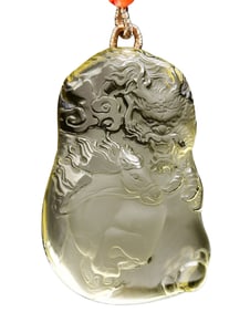 Beautiful Yellow Crystal Carved Dragon Horse Pendant w Hand Woven Necklace