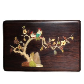 Vintage Chinese Huanghuali Wood Inlay Shell Plum Flower & Magpie Design Jewellery Box