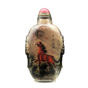 Old Chinese Peking Glass Inside Painting Fortune Horse Design Snuff Bottle w Stopper
