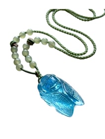 Beautiful Aquamarine Carved Fortune Cicada Pendant w Hand Woven Necklace