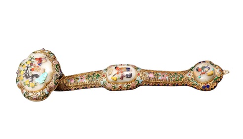 Chinese Gold Wires Enamel Inlay Hetian Jade Carved Figure Ruyi Scepter Statue