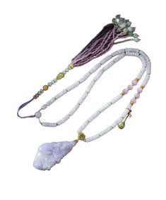 Exquisite Purple Jadeite Carved Fortune Cabbage Pendant w Hand Woven Beads Necklace