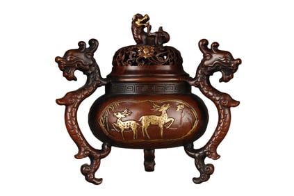 Chinese Gilt Gold Copper 3 Leg Fortune Dragon Incense Burner