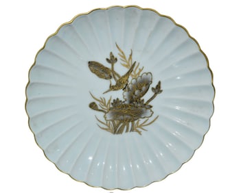 Chinese White Glaze Mocai Lotus Leaf & Lotus Flower & Bird Design Porcelain Plate