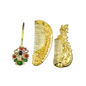 A Set Chinese Gilt Gold Copper Dragon Phoenix Comb & Hairpin w Box