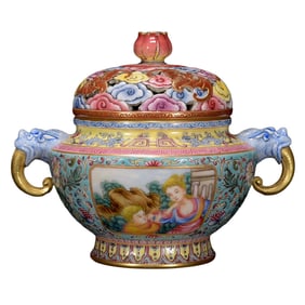 Chinese Qing Dynasty Gilt Gold Famille Rose Figure Design Double Ear Porcelain Incense Burner