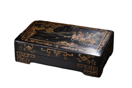 Chinese Gilt Gold Wooden-cored Lacquerware Figure Design Jewellery Box