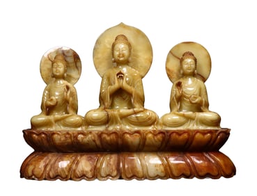 Vintage Chinese Hetian Jade Carved Three Buddha Statue